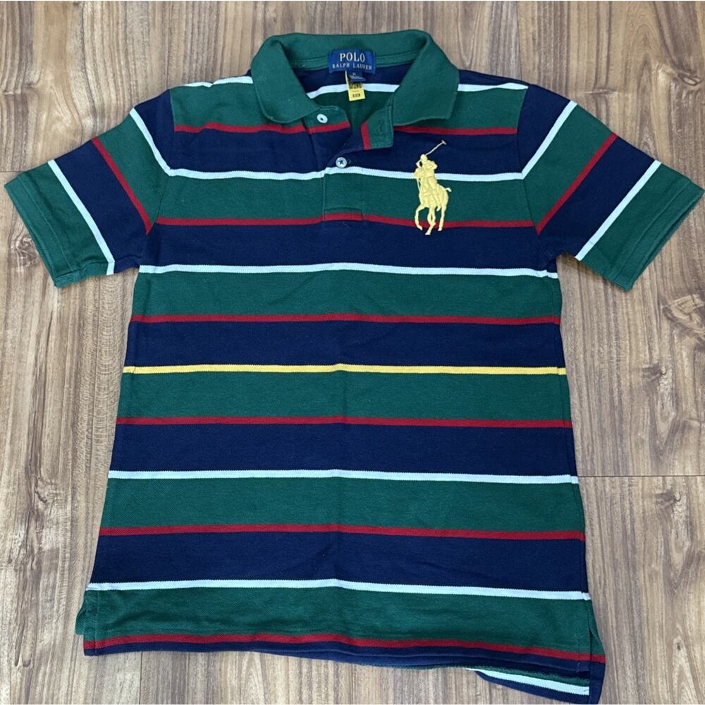 Polo Ralph Lauren Green‎ Blue Striped Short Sleeve Shirt Big Pony Boys M 10-12